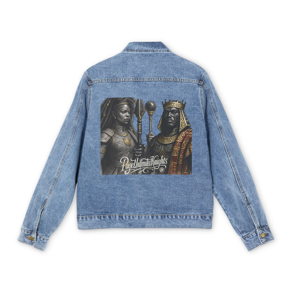Page Unlimited Knights denim jacket | medieval helmet sword logo