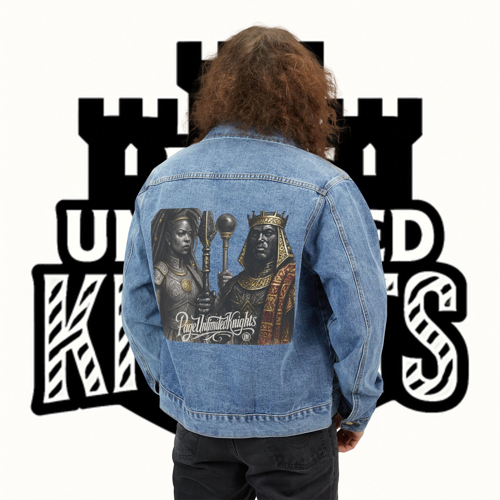 Page Unlimited Knights denim jacket | medieval helmet sword logo