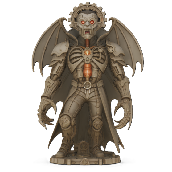 Sculpture imprimée en 3D d'un fan art steampunk de Dracula – Vampire gothique mécanique