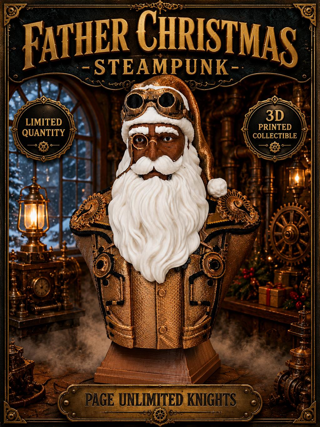 3D Printed Steampunk Father Christmas Bust Statue 7" Holiday Collectible Decor