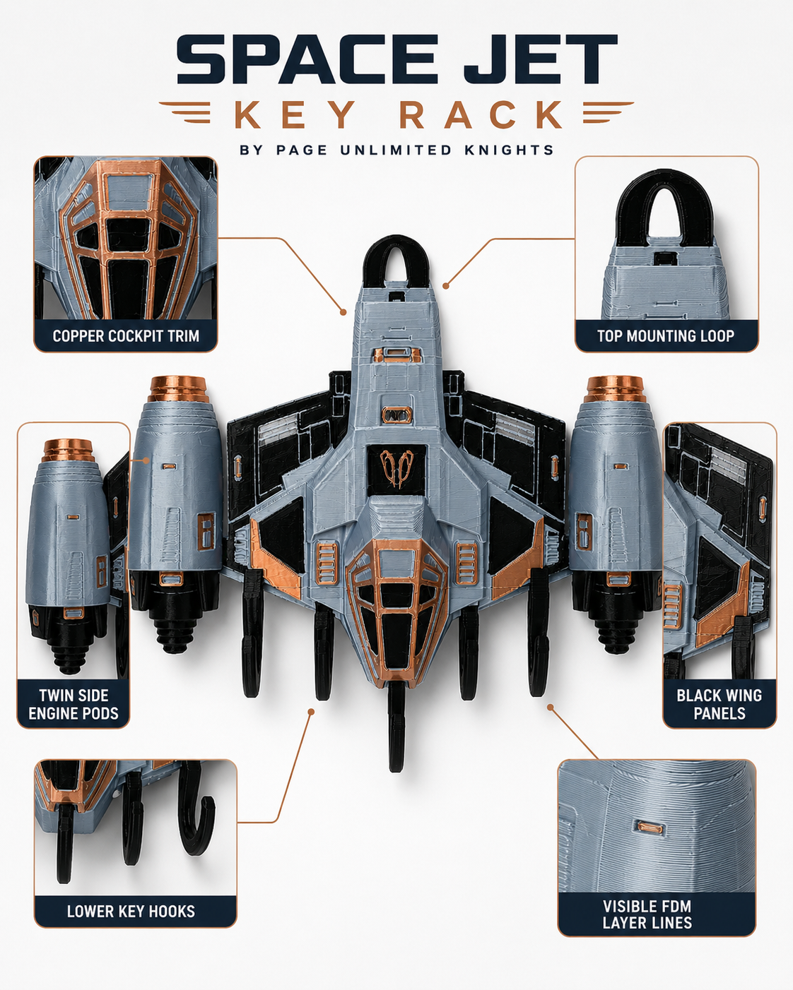 3D Printed Space Jet Key Holder Wall Mounted Key Rack Sci-Fi Home Decor