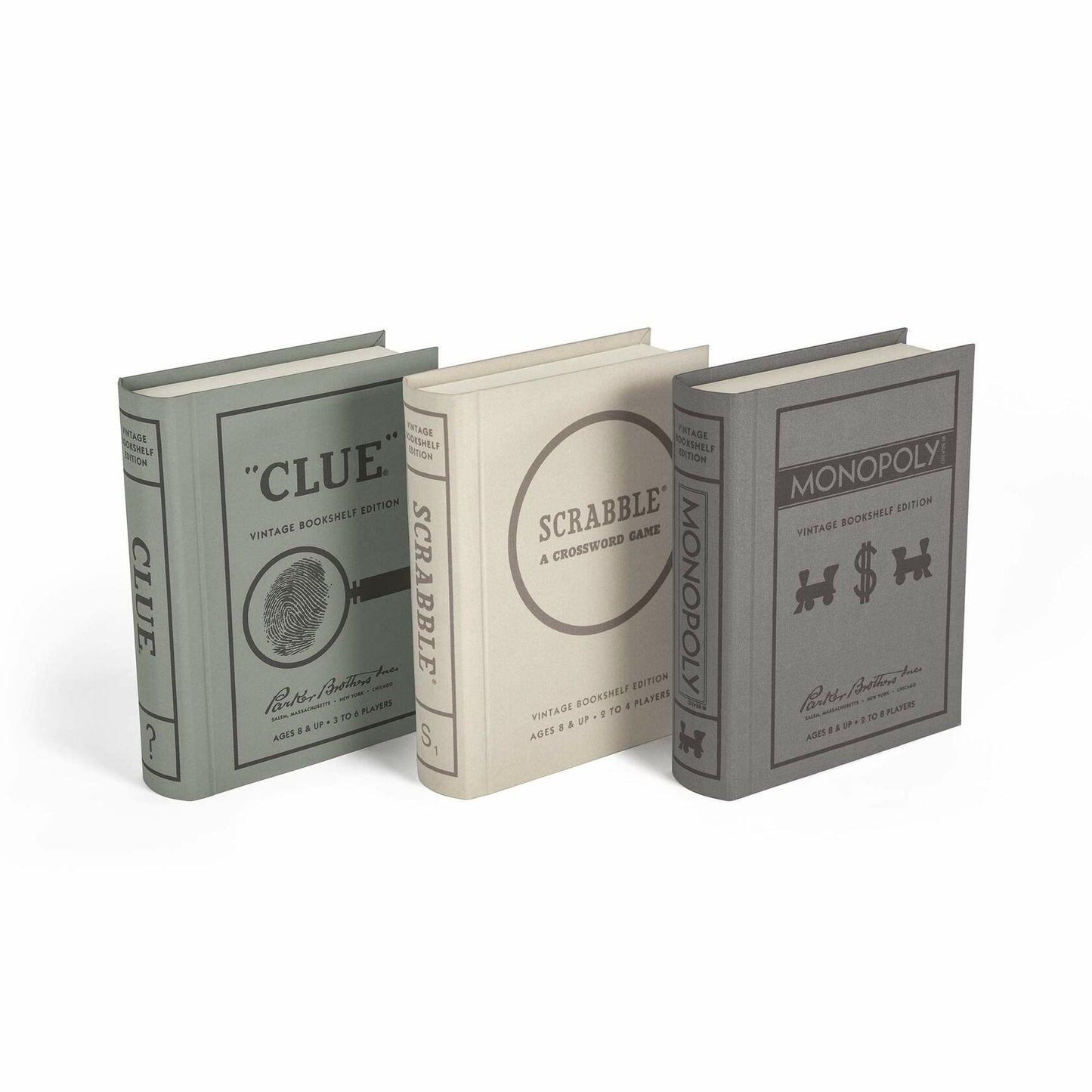 WS Game Company Scrabble, Monopoly, and Clue Vintage Board Games Bookshelf Collection For 2-6 Players, Ages 8+