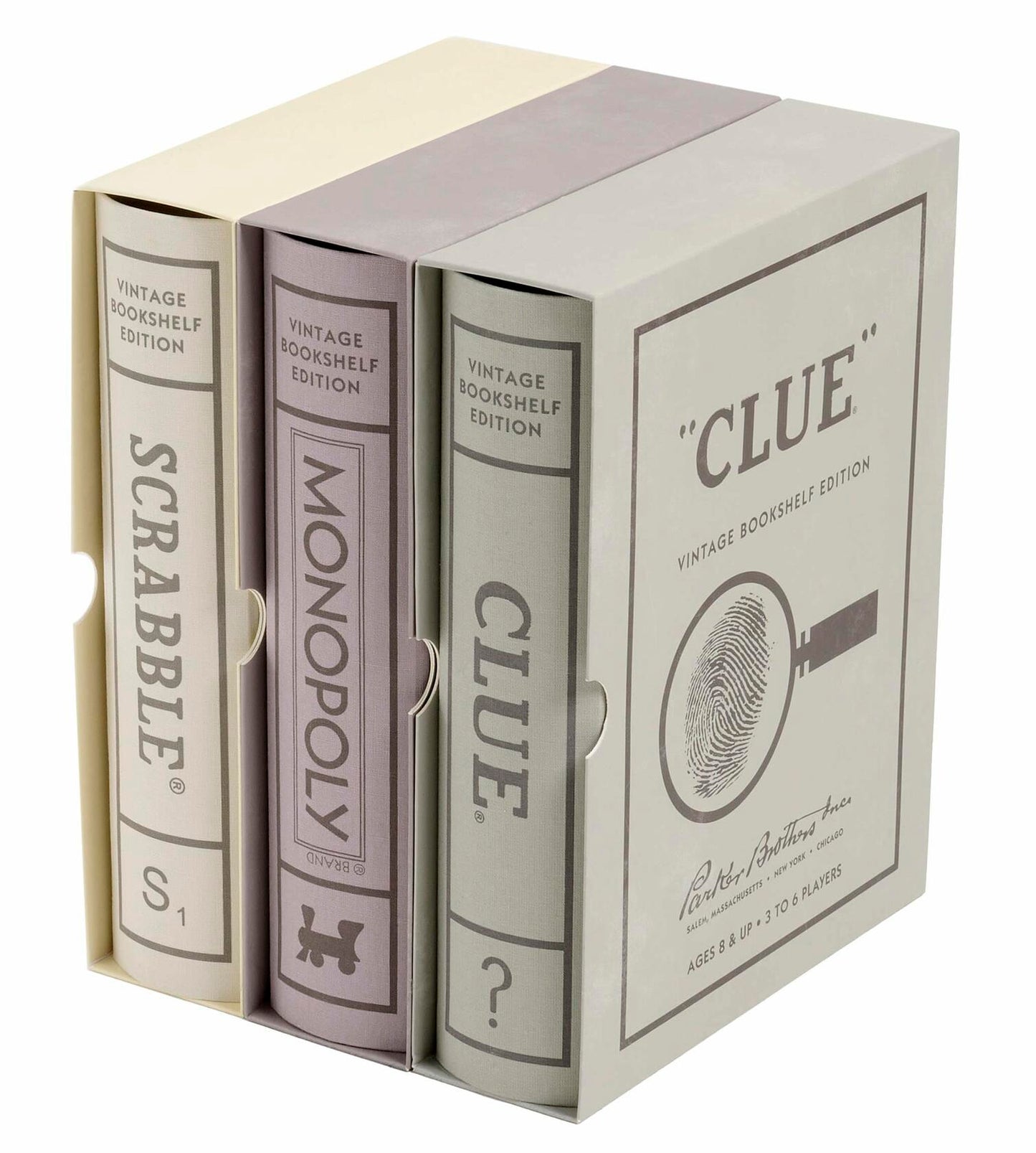 WS Game Company Scrabble, Monopoly, and Clue Vintage Board Games Bookshelf Collection For 2-6 Players, Ages 8+