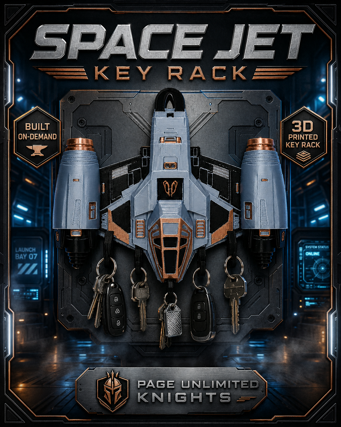 3D Printed Space Jet Key Holder Wall Mounted Key Rack Sci-Fi Home Decor