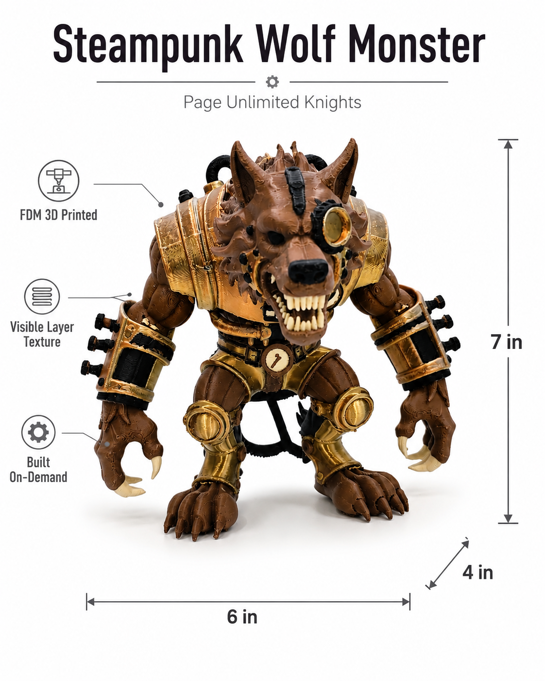 Steampunk Wolf Monster 7in 3D Printed Fantasy Figure PAGE UNLIMITED KNIGHTS